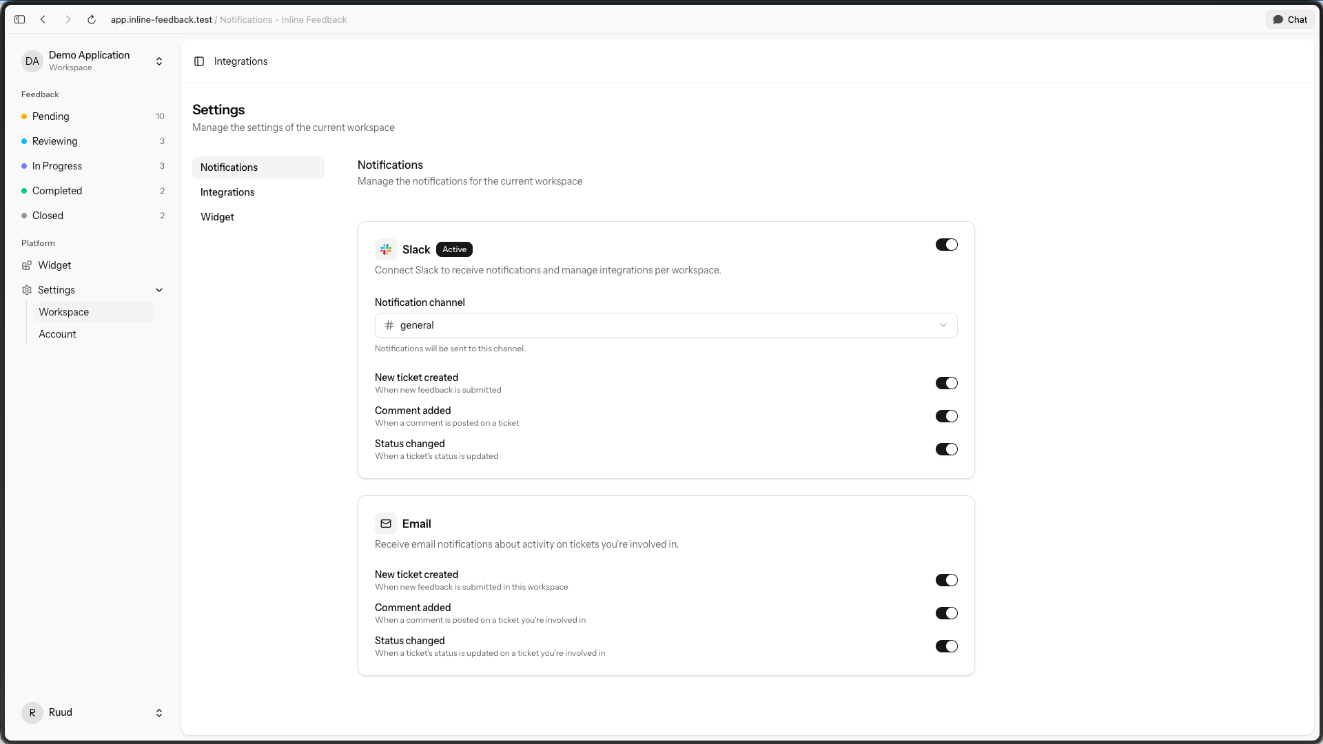 Slack integration settings in Inline Feedback
