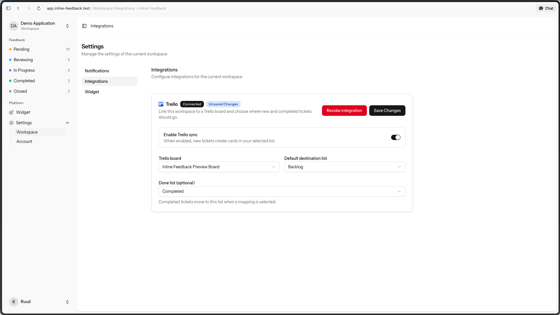 Trello integration settings in Inline Feedback