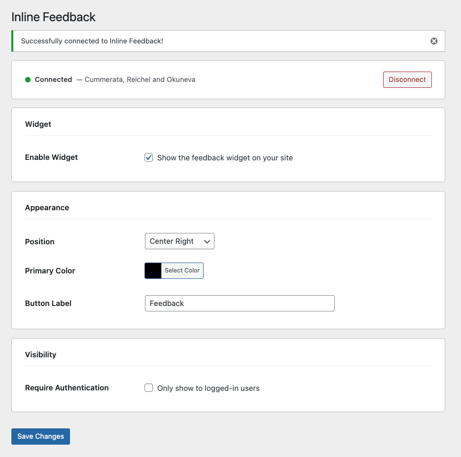 WordPress plugin settings page for Inline Feedback